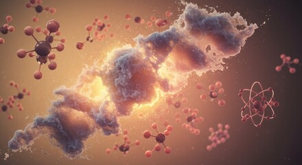 Abstract representation of molecules or atoms with a warm colored background.