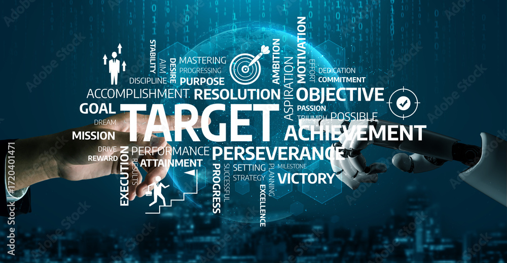 Poster visual representation of target achievement featuring hands reaching for success. concepts of ambiti