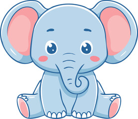 Fototapeta premium Cute cartoon baby elephant sitting, adorable wildlife animal illustration with big ears and trunk, blue elephant character art for children, zoo, safari, jungle design, nursery decoration and kids pro