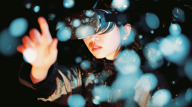 Student using VR headset & AI technology in smart classroom. Artificial intelligence, machine learning, virtual reality in education. Interactive learning, innovation, digital tools, futuristic school - Powered by Adobe