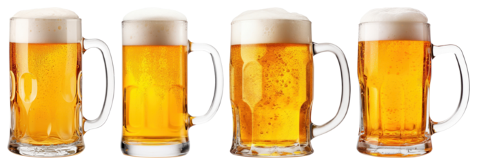 PNG Four frothy beer mugs aligned, element set on transparent background