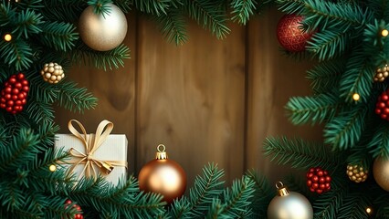 Neutral Christmas frame of fir branches eco friendly gifts and baubles