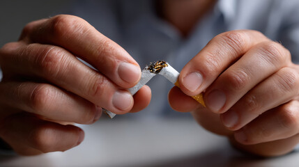 A close-up of hands breaking a cigarette symbolizes the determination to quit smoking, representing the struggle for a healthier lifestyle and the fight against addiction.