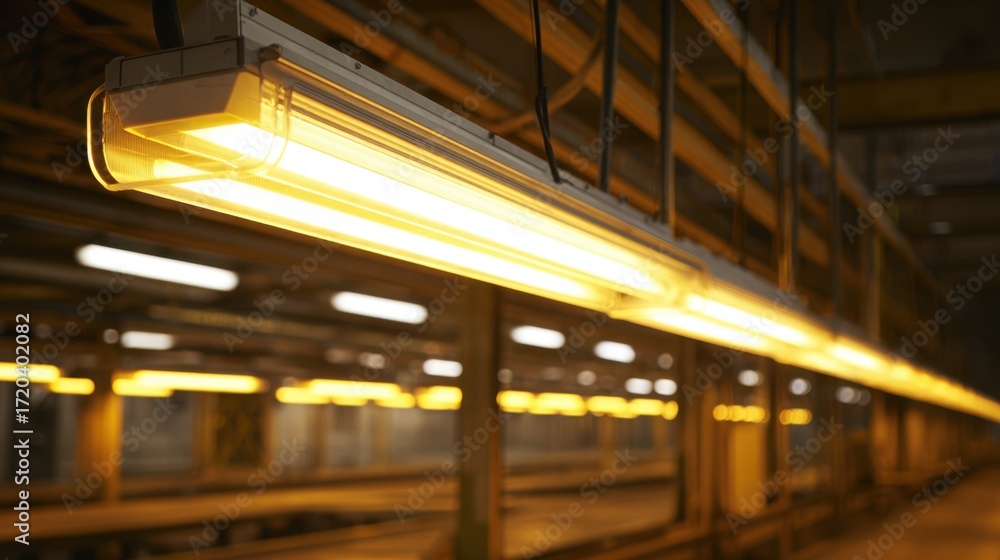 Poster medium shot of sleek led warehouse lights glowing warmly with the foreground sharp while the backgro