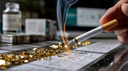 Obraz premium A smoking cigarette surrounded by gold shards symbolizes the contrast between luxury and unhealthy habits, depicting the struggle between wealth and wellness.