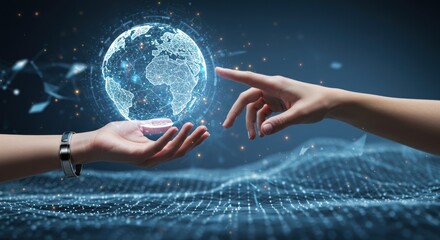 Hands interact with a digital globe over a blue abstract landscape background.