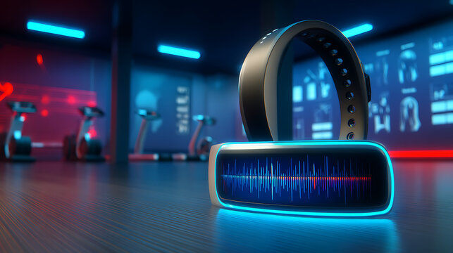 Smart fitness tracker with heart rate display in a futuristic gym environment