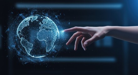 Hand touches a digital globe with glowing lines on a dark background.