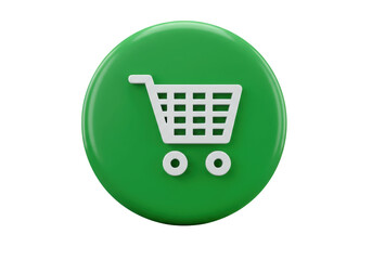 Isolated green shopping cart icon for online store promotion and sale, 3D rendering