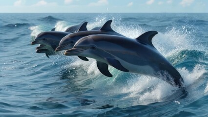 Dolphins leaping over waves