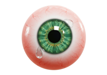Isolated green eyeball with two tears, realistic and with red veins visible around it
