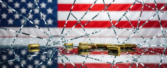 Bullets on a reflective surface with the American flag in the background