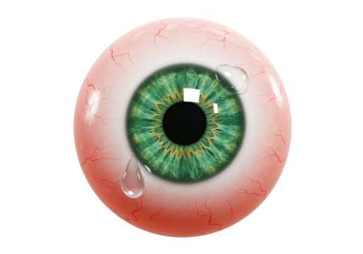 Isolated green eyeball with two tears, realistic and with red veins visible around it