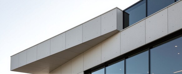 Fototapeta premium Modern architectural detail of a building with clean lines and glass windows.