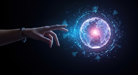 Hand reaching towards a glowing digital globe with network connections on dark background.