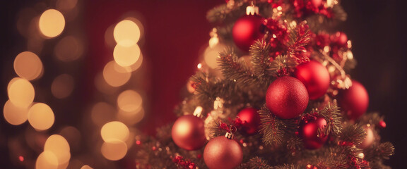 Christmas Tree With Ornament And Bokeh Lights In Red Background