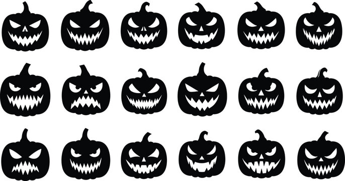 Halloween jack-o’-lantern faces, pumpkin silhouette vector, spooky carved pumpkin artwork, scary Halloween design, isolated festive illustration, decorative seasonal graphic