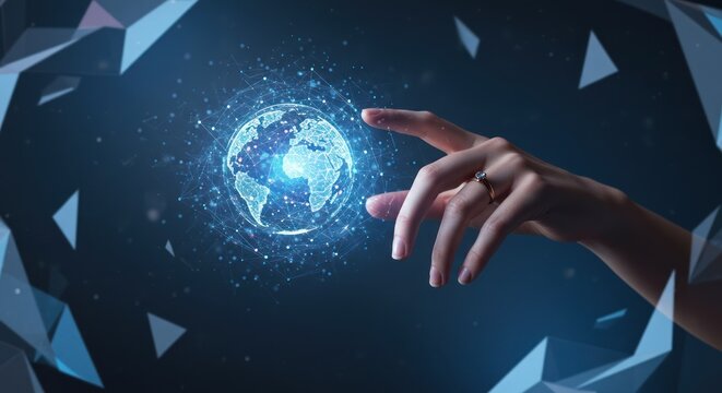 Hand touches a glowing digital globe with geometric shapes in a dark setting.