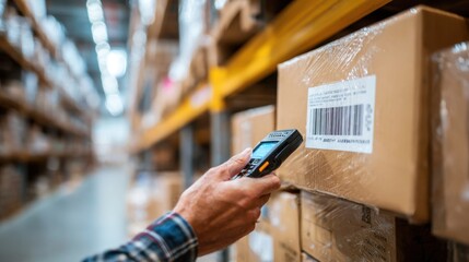 Medium shot of a hand scanning a barcode on a package with a handheld device focusing on the barcode while the background warehouse is blurred.