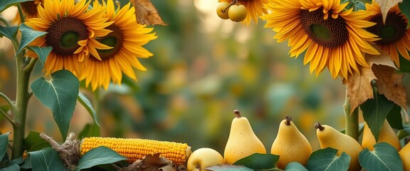 Autumn background Border of sunflower corn and pears Harvest holiday concept