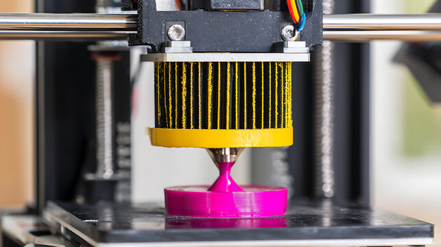 3D printer in operation creating a pink object with yellow filament - Powered by Adobe