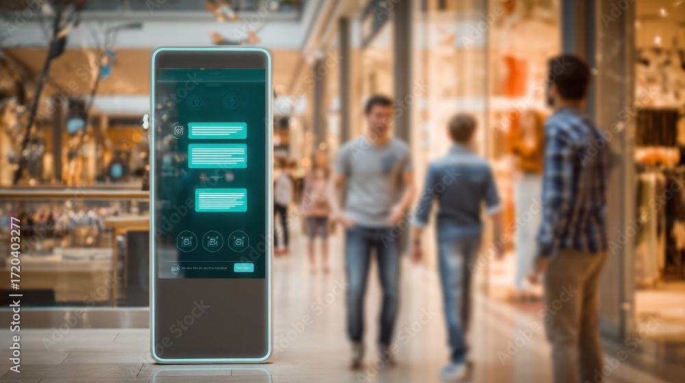 Aufkleber instore medium shot of a customer interacting with a sleek aipowered service kiosk focused display s