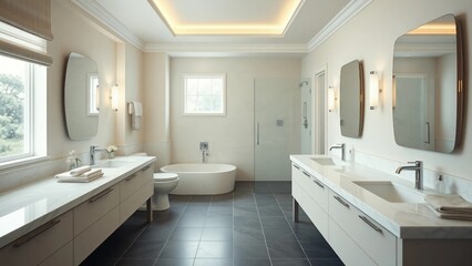 A serene bathroom interior design featuring a spacious well-lit area with cream-colored walls white