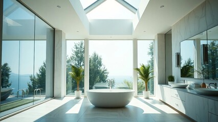 A luxurious bathroom interior design featuring large windows that stretch from floor to ceiling or s