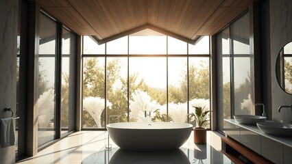 A luxurious bathroom interior design featuring large windows that stretch from floor to ceiling or s