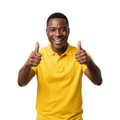 Man with yellow polo shirt gives two thumbs up in positive gesture of approval and success