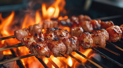 Succulent skewers of grilled meat sizzling over an open flame, showcasing a delicious barbecue feast.