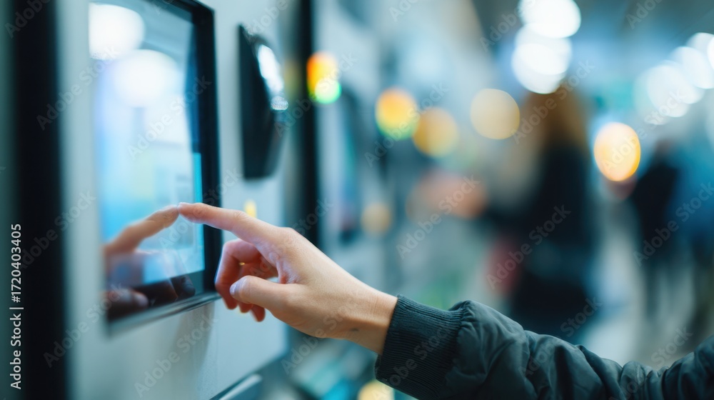 Poster medium shot of a selfservice automated receipting kiosk with a user interacting main screen in sharp