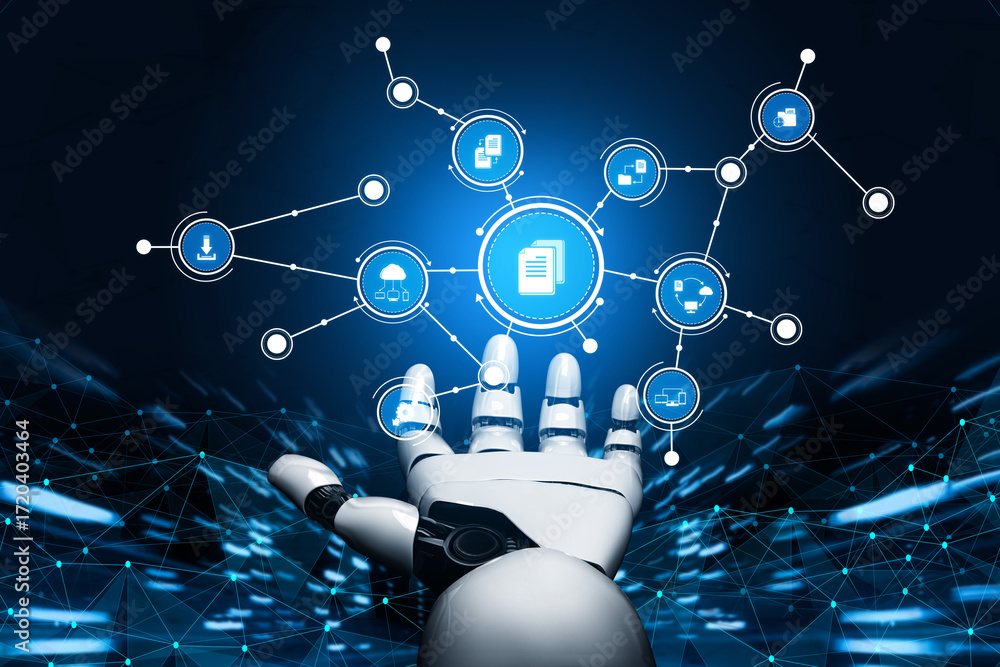 Poster a futuristic robot hand extends towards glowing digital icons, symbolizing data connectivity and tec