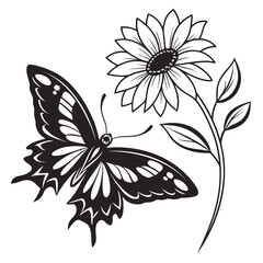 Butterfly on sunflower head silhouette