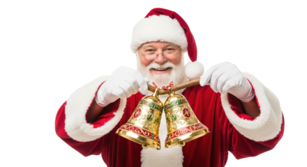 Santa claus in his traditional red suit rings a pair of golden christmas bells, isolated on transparent background