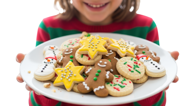 A child in a christmas sweater holds a plate full of festive holiday cookies, isolated on transparent background