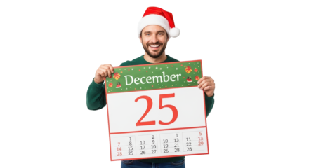 Man wearing a santa hat holding a calendar showing december 25 isolated on transparent background