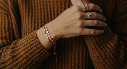 Close up of womans hands with jewelry on a brown sweater background
