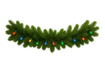 Christmas garland with colorful string lights creating a festive holiday decoration, transparent background
