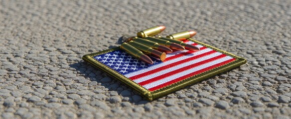 Fototapeta premium Bullets resting on an American flag patch on a textured surface.