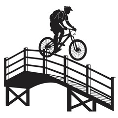 Fototapeta premium Cyclist crossing wooden bridge silhouette