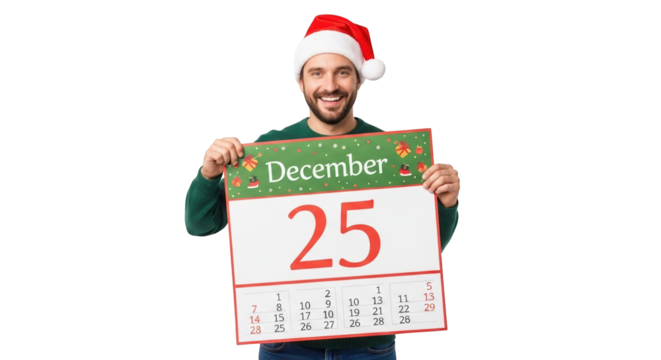 Man wearing a santa hat holding a calendar showing december 25 isolated on transparent background