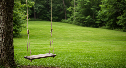 Empty wooden swing hangs from a tree branch in a green meadow scene