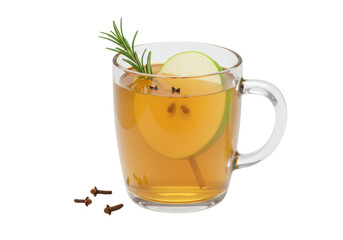 Isolated beverage served hot in a glass mug with an apple slice and rosemary sprig