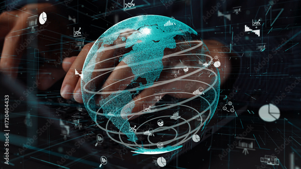Aufkleber a close-up view of hands typing on a keyboard, with a luminous globe overlay showcasing various grap