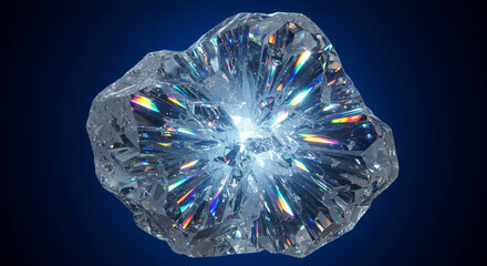 Uncut diamond gemstone with internal refraction on a dark blue background