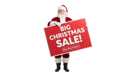 Santa claus in a red suit holding a large red sign that says big christmas sale isolated on transparent background