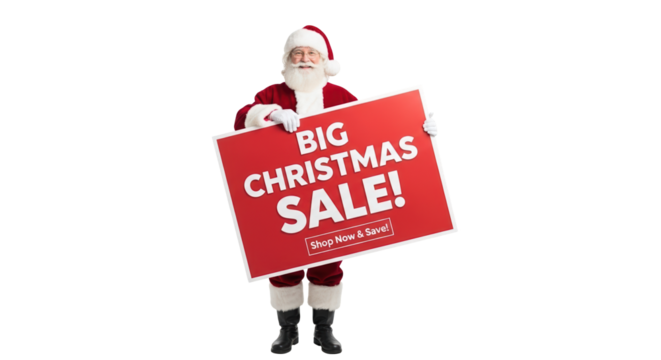 Santa claus in a red suit holding a large red sign that says big christmas sale isolated on transparent background