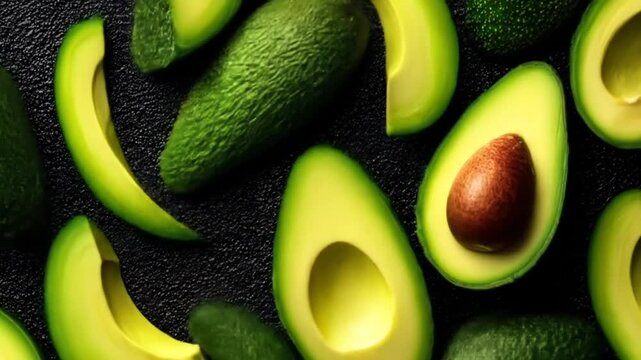 Freshly sliced avocados arranged on a dark surface, showcasing vibrant green tones and a healthy, appetizing presentation.