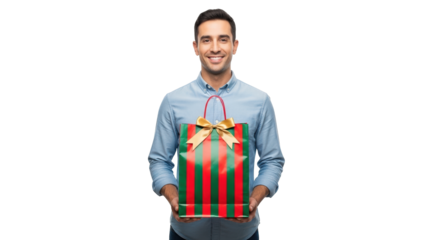 Smiling man holding a striped gift bag with a bow, isolated on transparent background